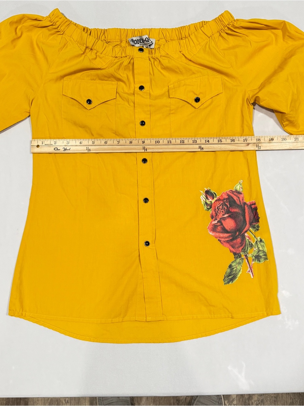 Off-Shoulder Yellow Button-Front Blouse with Rose Graphic